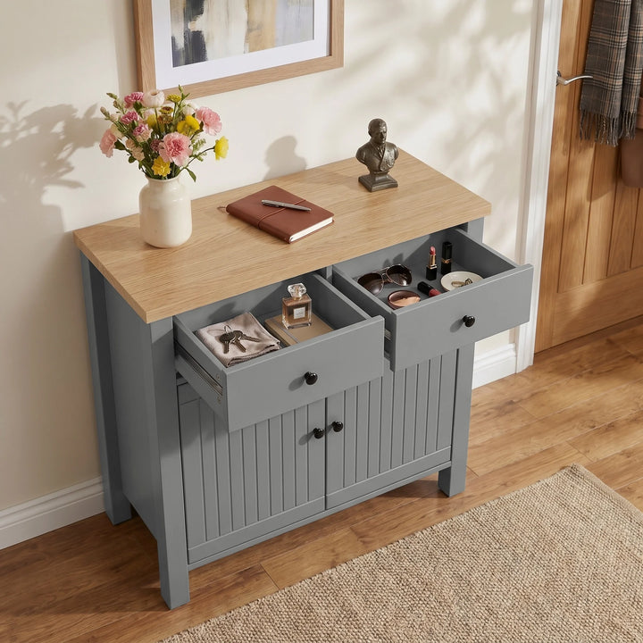 [Grey] Linra Grey Painted 2 Door Sideboard with Drawers - Oak Top high-angle look with its top two drawers pulled out.