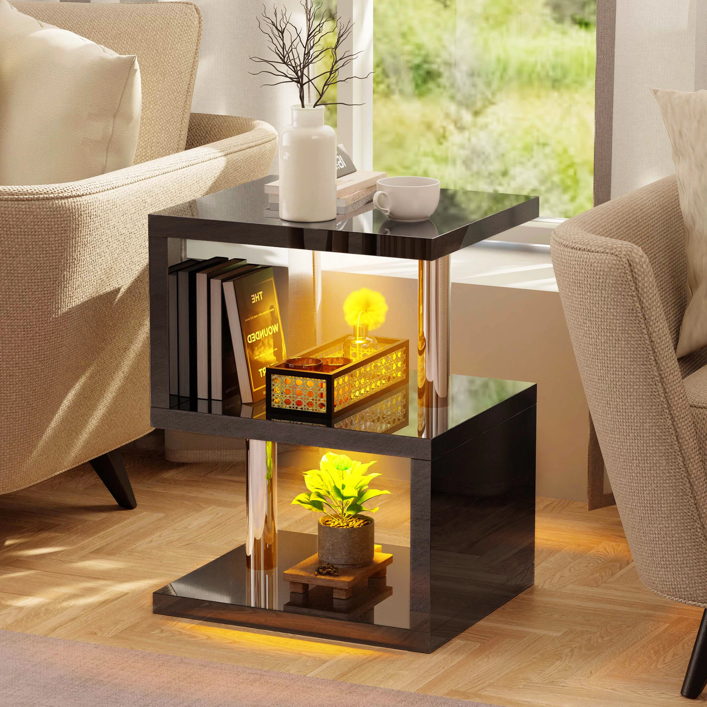 High Gloss Sofa Side Table With LED