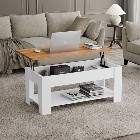 Small modern coffee table with lift-top design and white finish, featuring top storage.