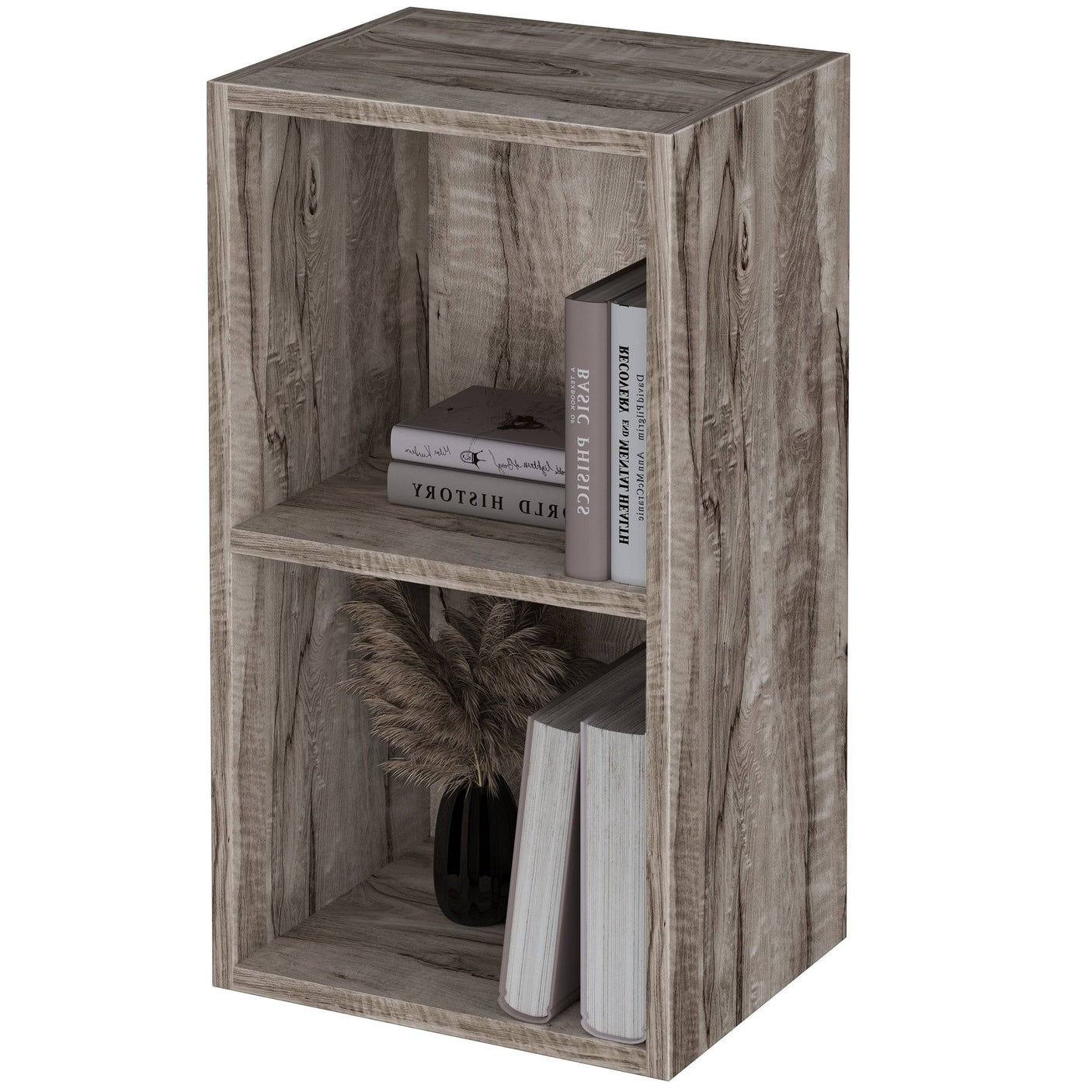 Rustic Blisswood 2 shelf bookcase with books and vase, compact and decorative for any room.