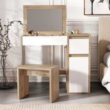 Modern makeup dressing table with flip-up mirror, storage drawers, and matching stool in oak and white finish, ideal for bedroom vanities.
