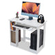 Compact small PC desk with shelves, keyboard tray, and space for desktop tower.