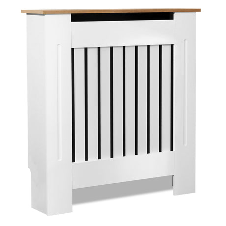 White small radiator covers with vertical slats, styled in a modern living space.