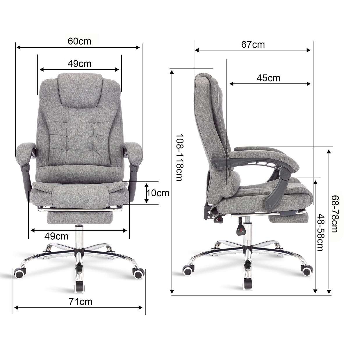 Small recliner swivel chair with compact design and detailed chair dimensions.