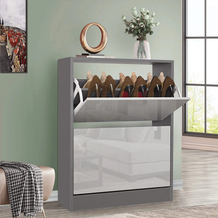 [Silver Grey & Dark Grey] two tone grey shoe storage unit, top section pulled out and stocked with pumps and trainers