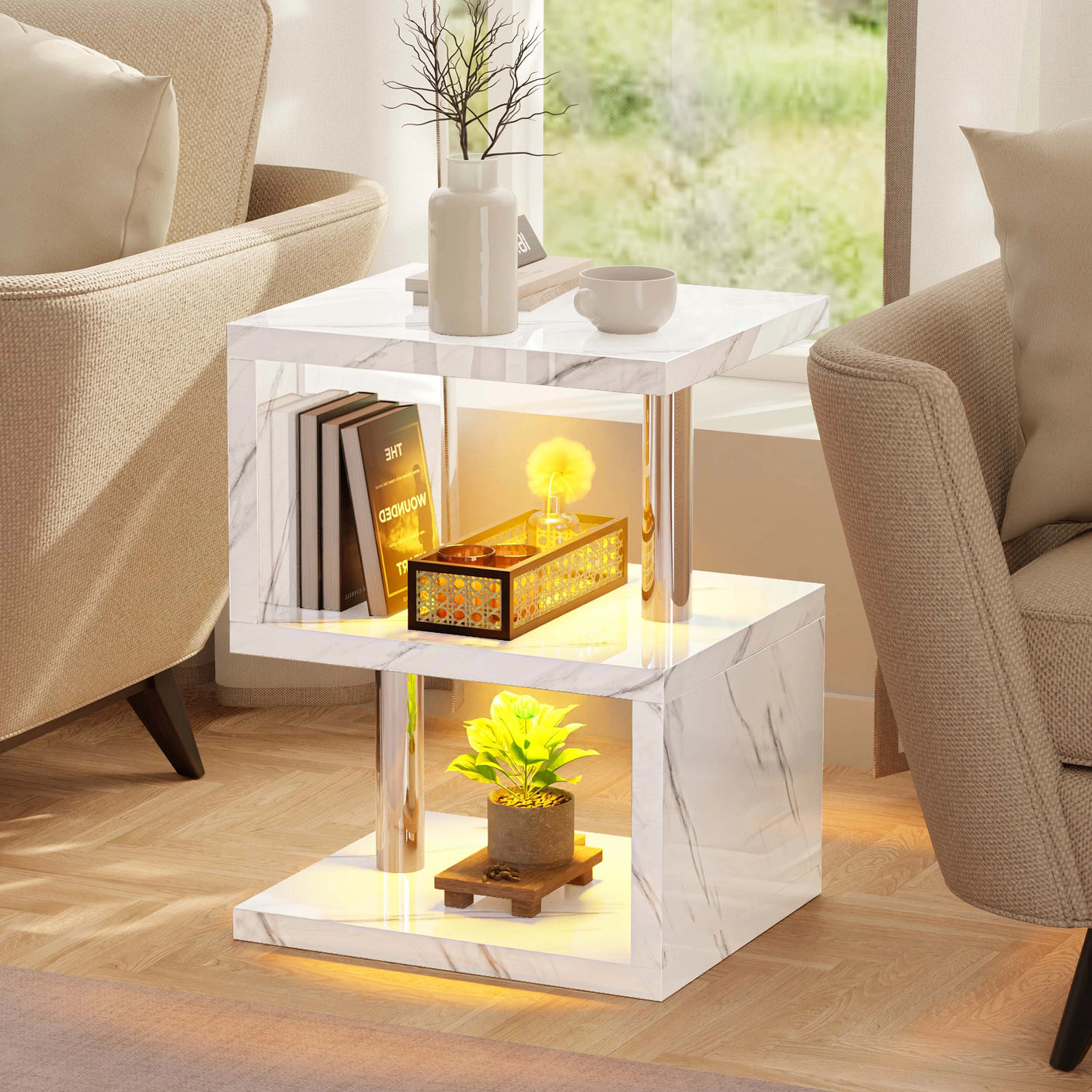 High Gloss Sofa Side Table With LED