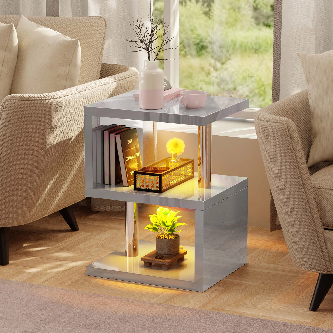 High Gloss Sofa Side Table With LED
