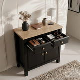 [Black] Haven Small Black Sideboard with Drawers & Oak Top, Painted Finish high-angle view with its top two drawers pulled out.