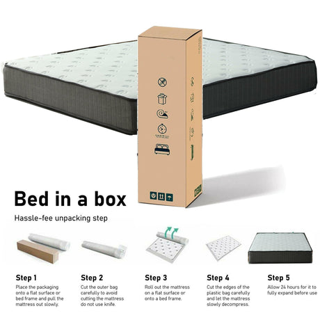 Small super king mattress packaged as a bed-in-a-box with easy unpacking steps illustrated.