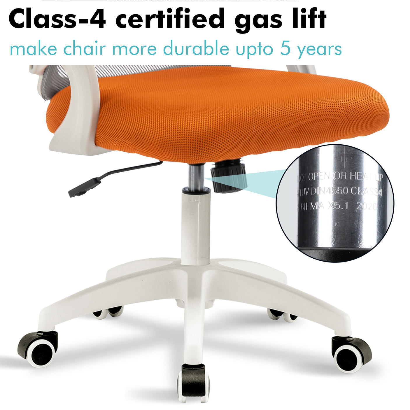 Small swivel chair for desk with Class 4 certified gas lift for adjustable height and movement.