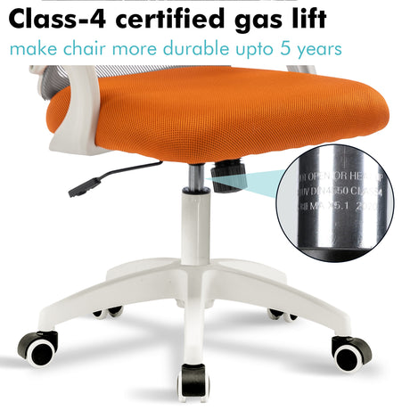 Small swivel chair for desk with Class 4 certified gas lift for adjustable height and movement.