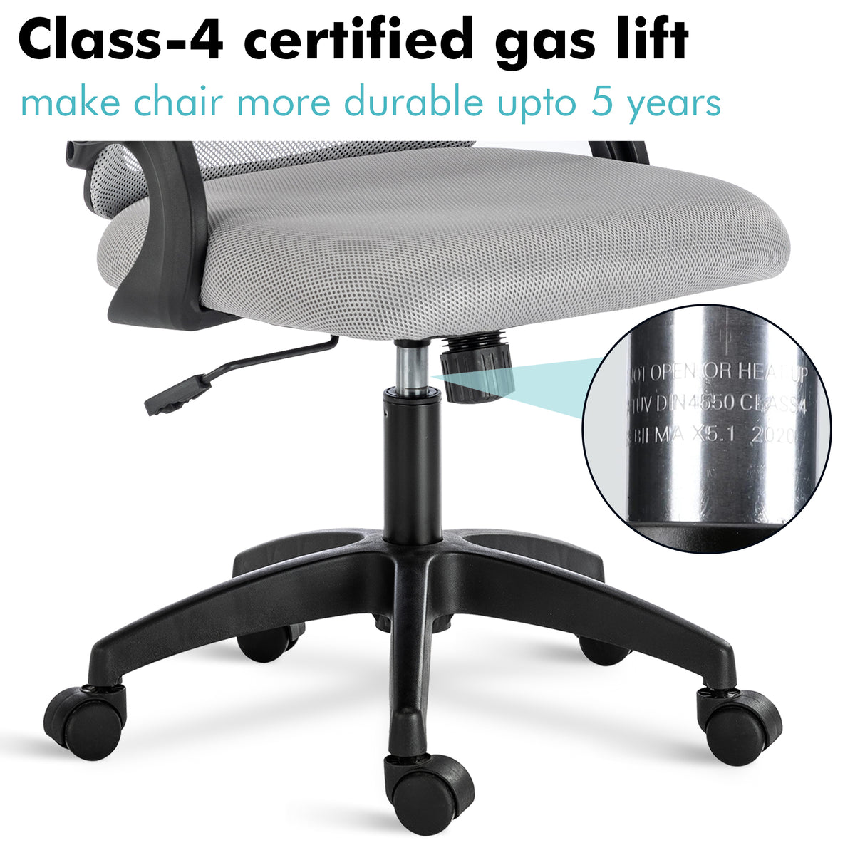 Small swivel office chair with Class 4 certified gas lift, offering adjustable height for comfort.