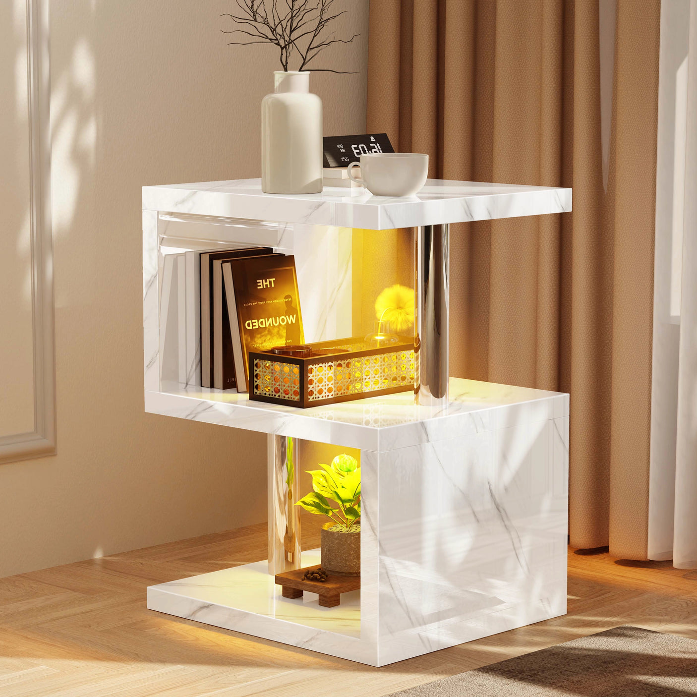 High Gloss Sofa Side Table With LED