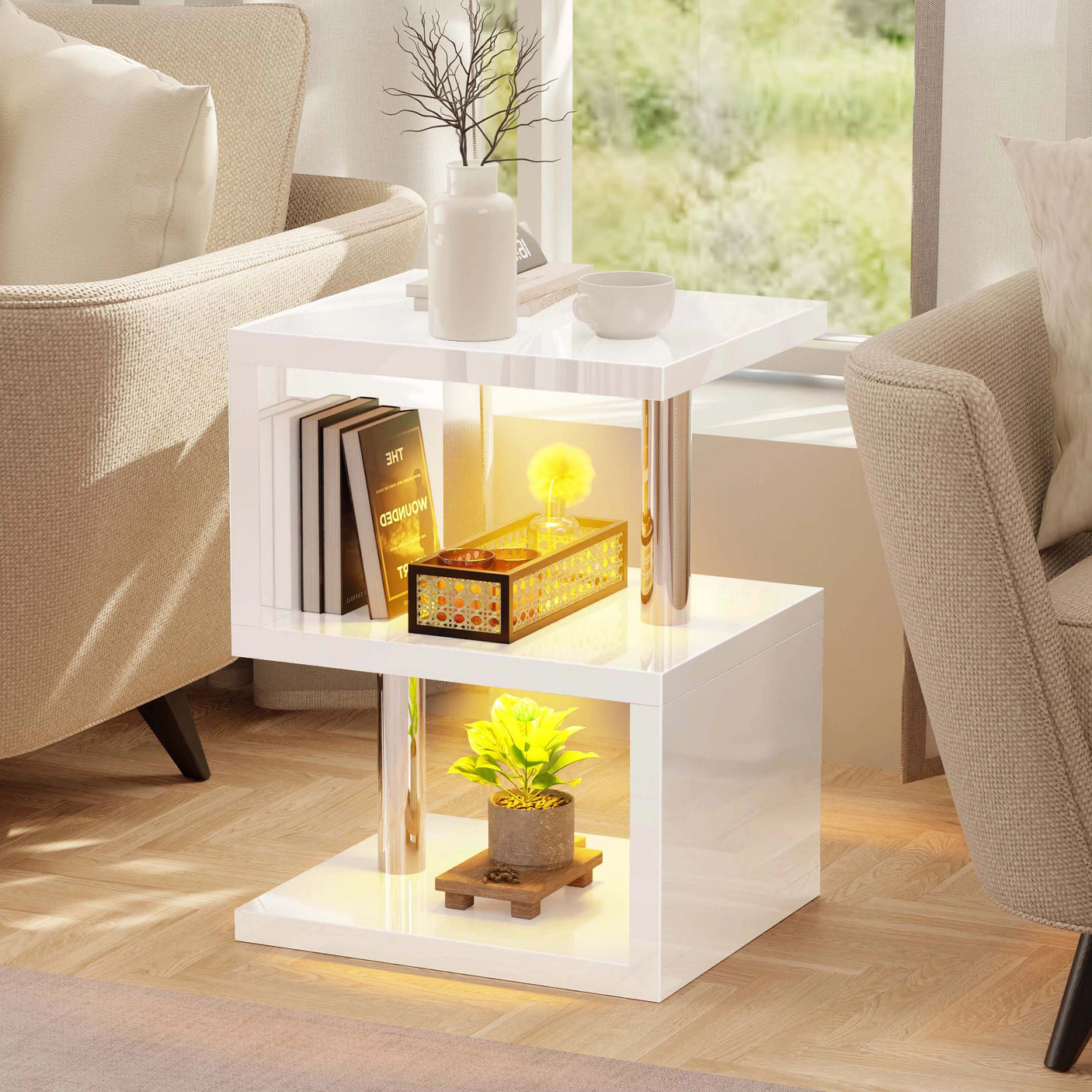 High Gloss Sofa Side Table With LED