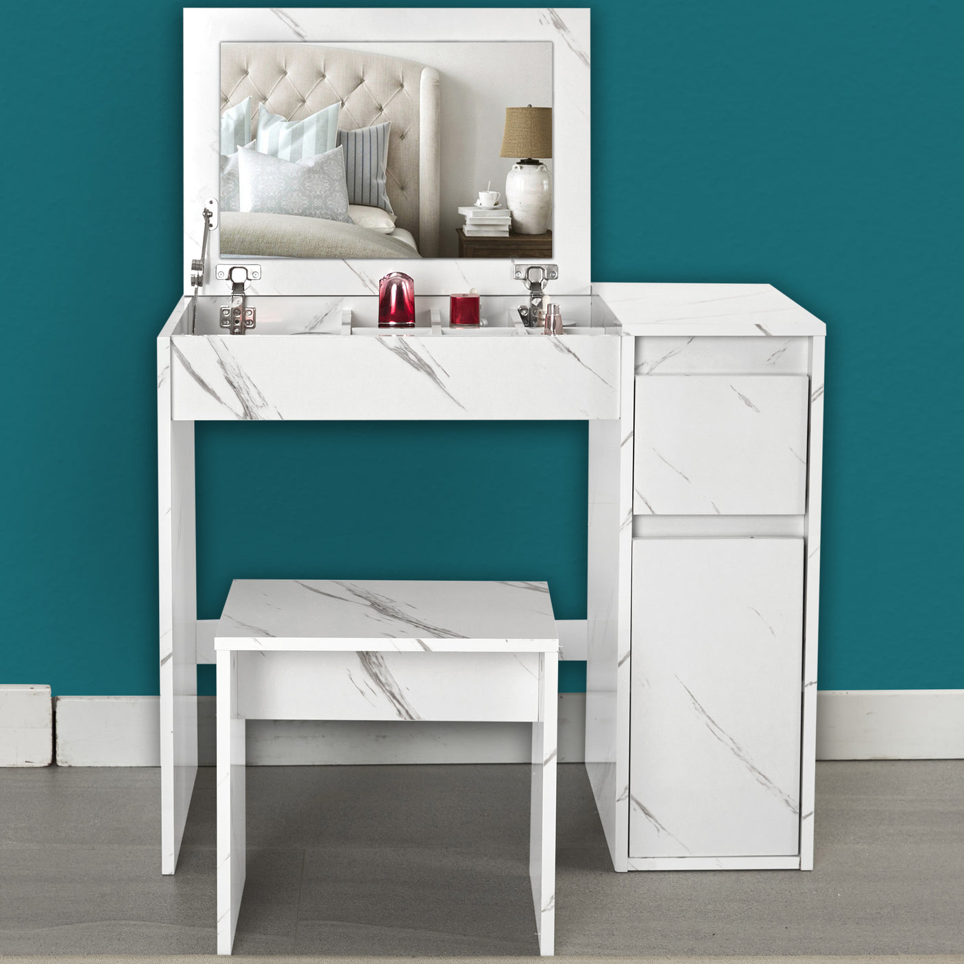 Small dressing table with flip-up mirror and stool in white marble finish, featuring built-in storage drawers for bedroom makeup organization.