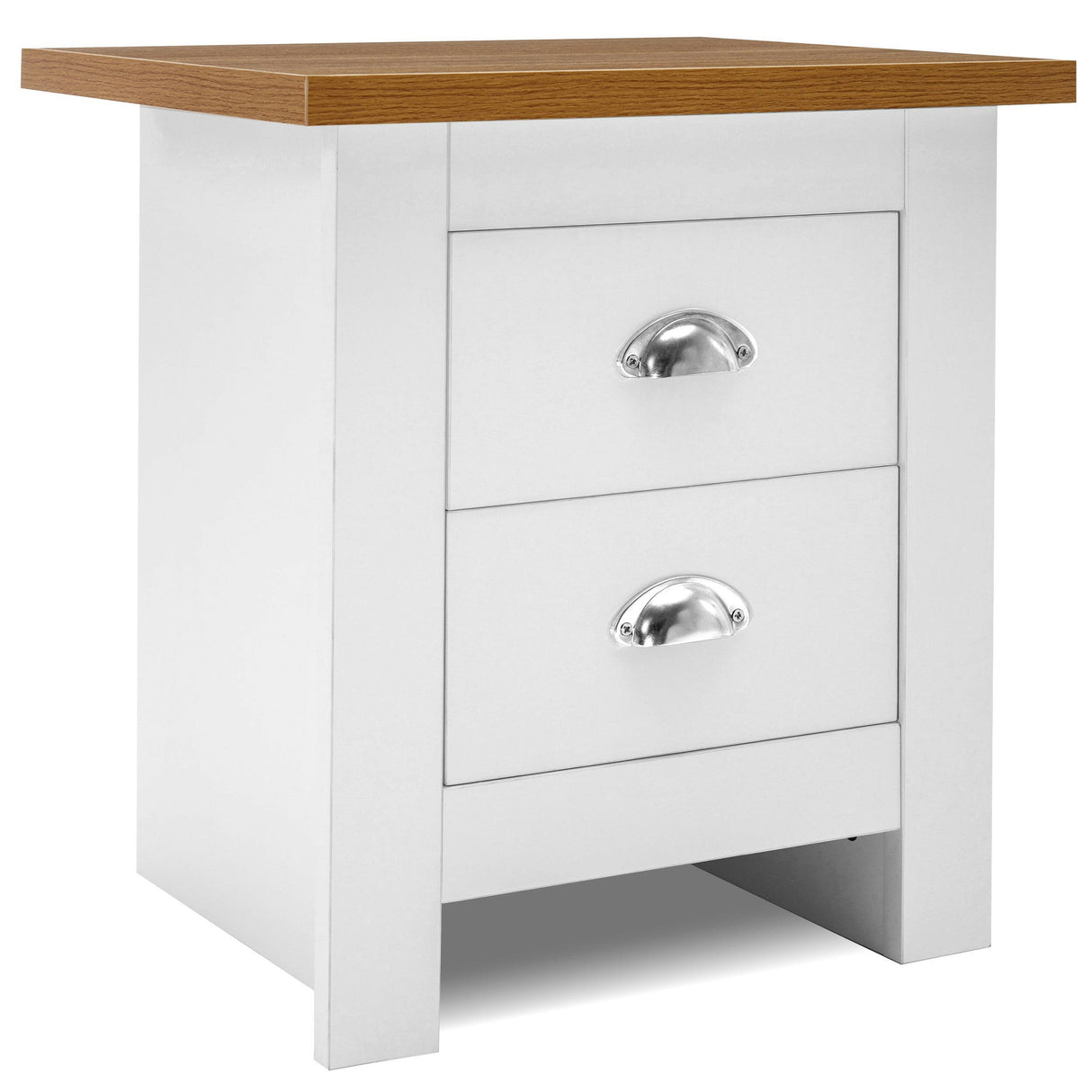 Small white bedside table with two drawers, silver handles, and a wooden top.