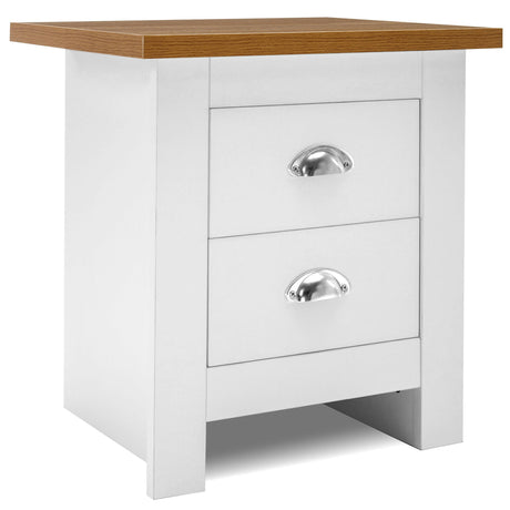 Small white bedside table with two drawers, silver handles, and a wooden top.