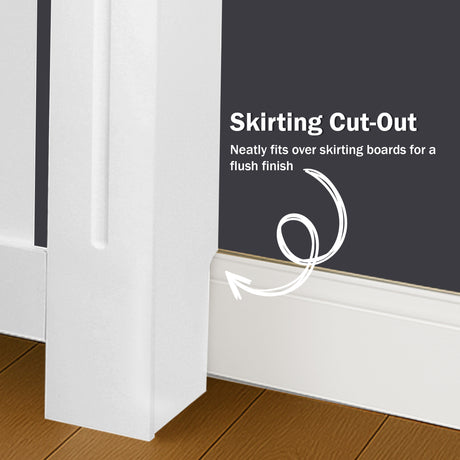 White skirting cut-out fitting neatly over skirting boards with text on a grey background.
