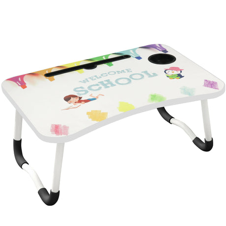 Small writing desk with a colourful school-themed design, featuring a cup holder.