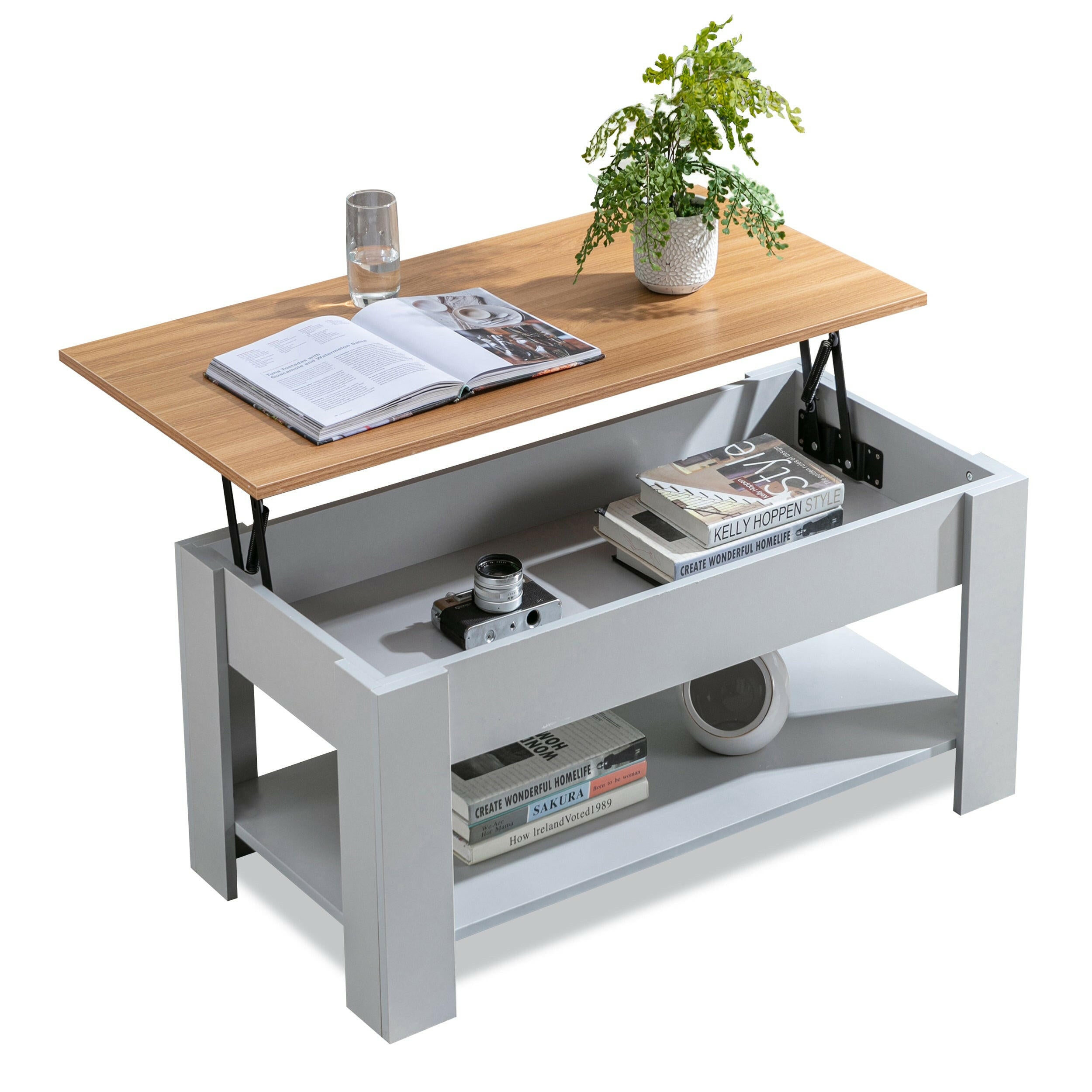 Smart coffee table with lift-top, storage compartments, and modern sleek design.