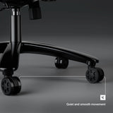 [Black] Detailed close-up view of the smooth rolling caster wheels and base designed for quiet and smooth movement.