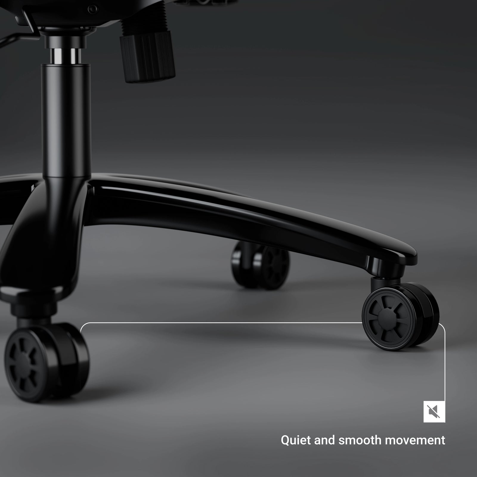 [Black] Detailed close-up view of the smooth rolling caster wheels and base designed for quiet and smooth movement.