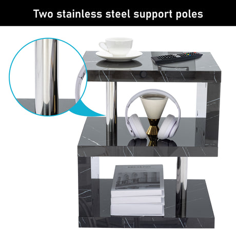 Sofa end side table with two stainless steel support poles, offering a sleek and modern design.