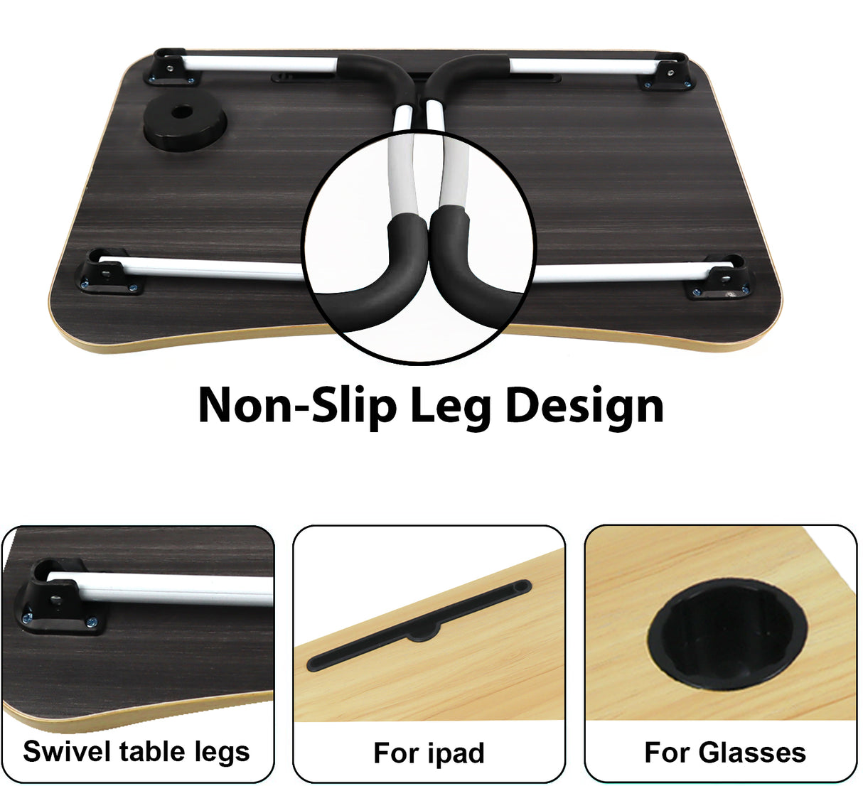 Sofa laptop table with non-slip leg design and swivel table legs, perfect for holding an iPad.