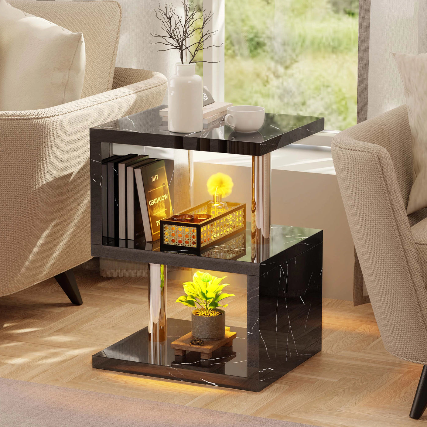High Gloss Sofa Side Table With LED