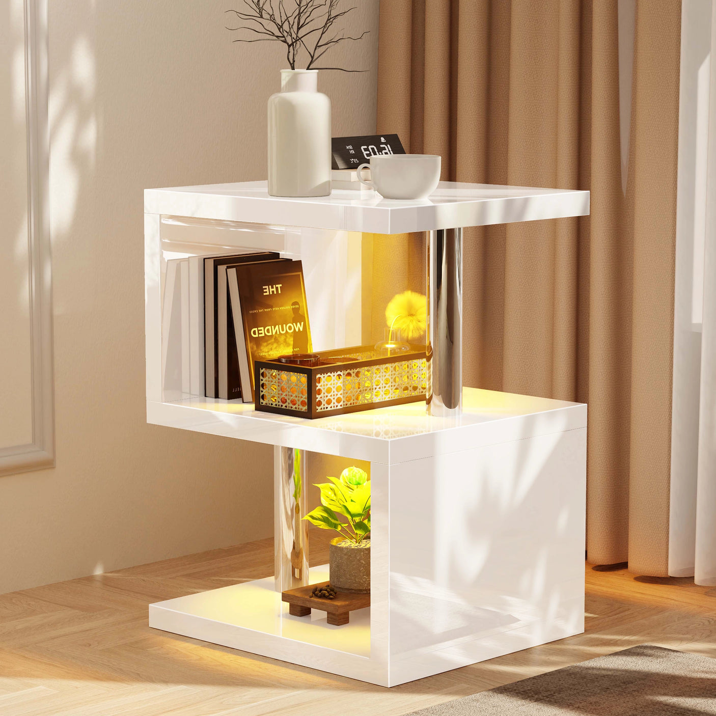 High Gloss Sofa Side Table With LED
