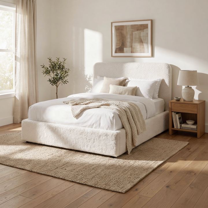 [White | Double] Double boucle ottoman bed angled in room setting, white boucle frame on oak floor.