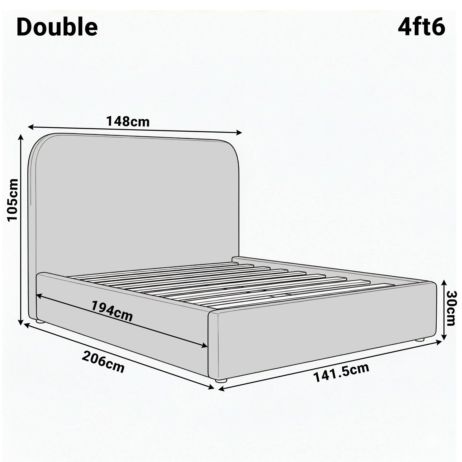 [White | Double] Sofna boucle ottoman bed dimensions: 206 x 148cm external, 105cm headboard, 30cm base.