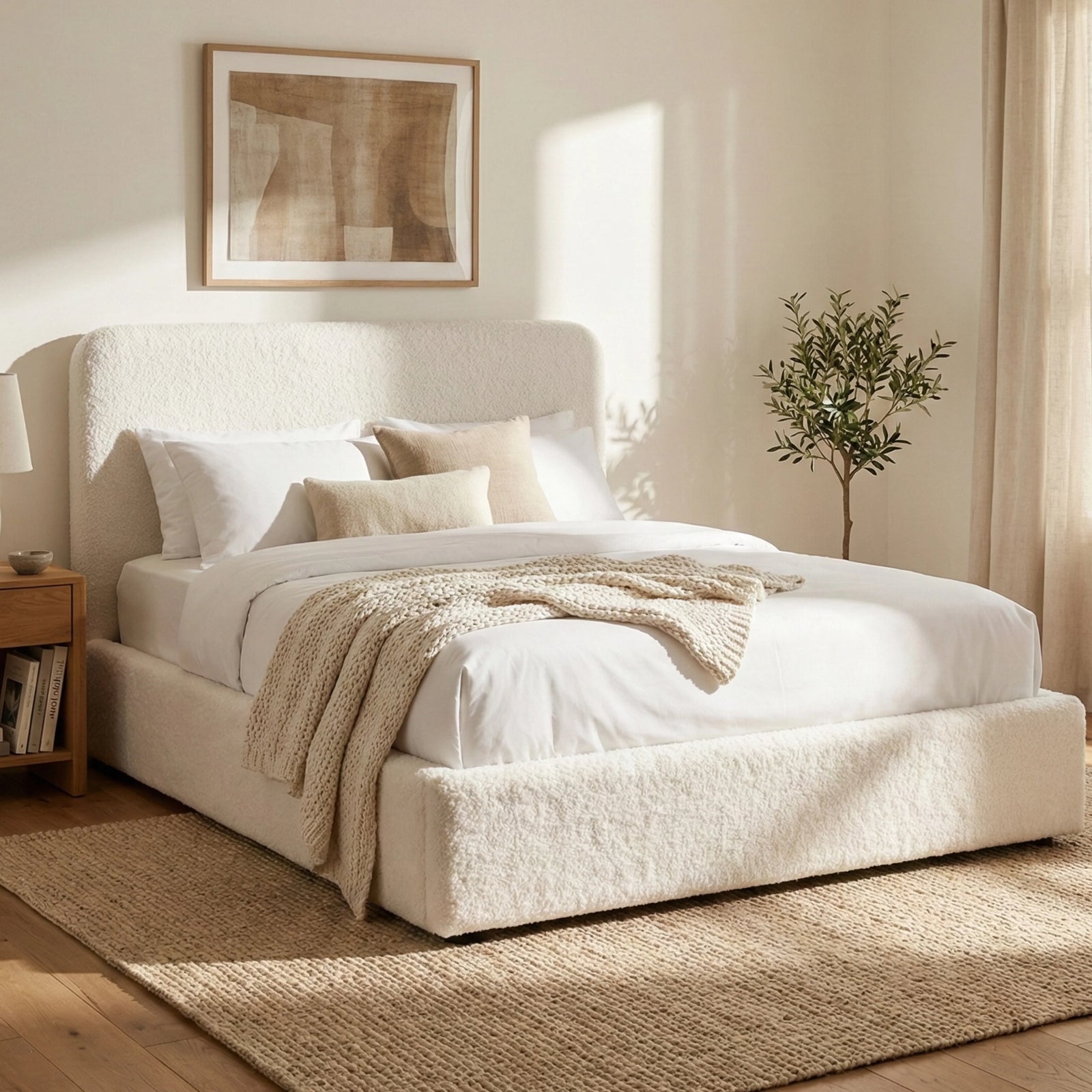 [White | Double] Double boucle ottoman bed with rounded headboard and throw, styled for a bedroom.