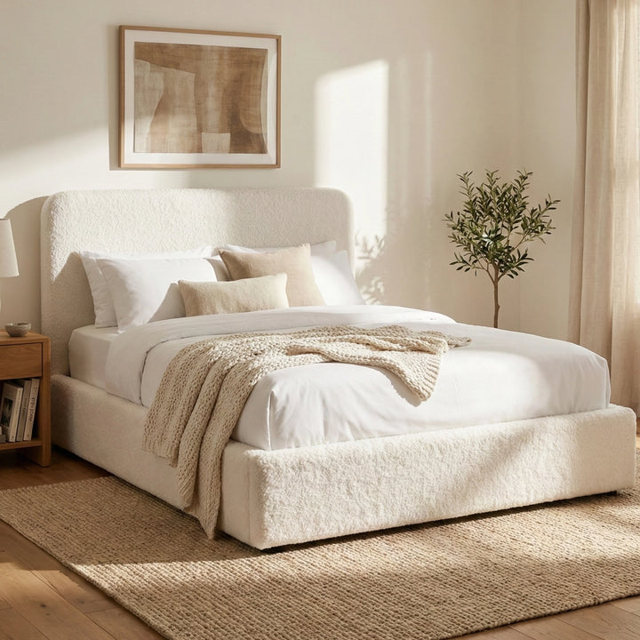 [White | Double] Double boucle ottoman bed with rounded headboard and throw, styled for a bedroom.