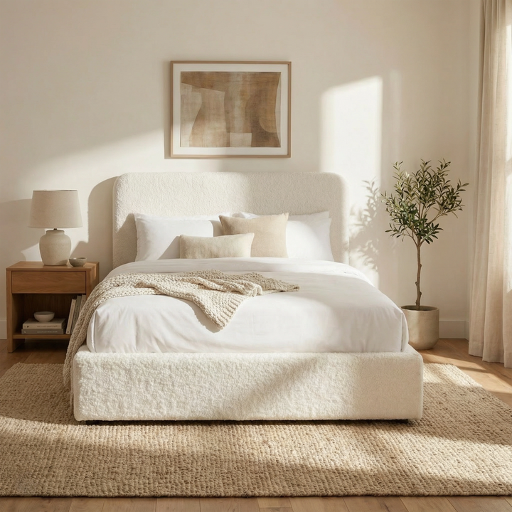 [White | King] Front view of king Sofna boucle ottoman bed styled in bright neutral room with jute rug and framed art above