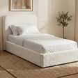 [White | Single] Sofna boucle ottoman bed with curved puffed headboard, 103cm wide single frame dressed in white linens