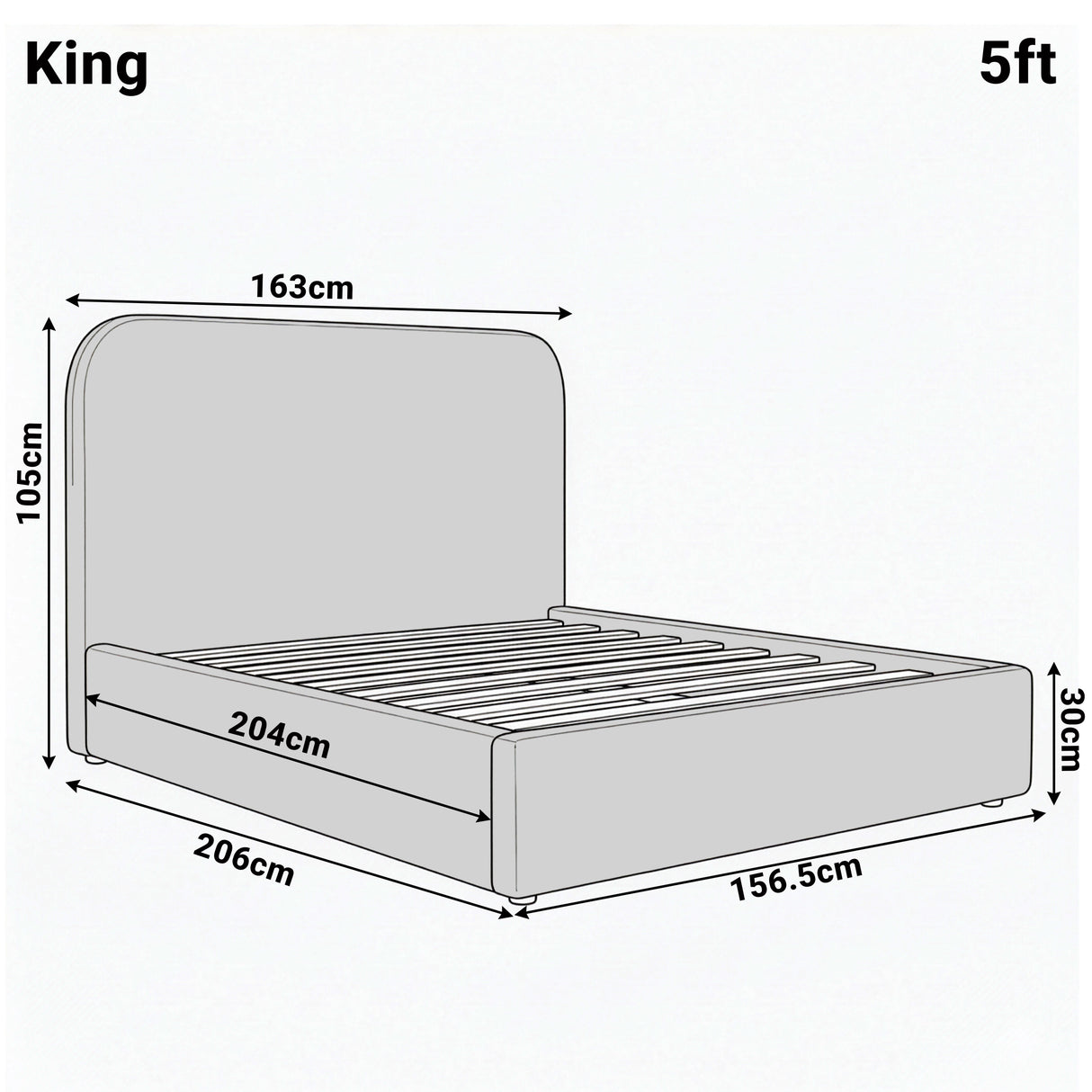 [White | King] Dimension diagram for king 5ft Sofna bed showing 163cm width 206cm length and 105cm headboard height