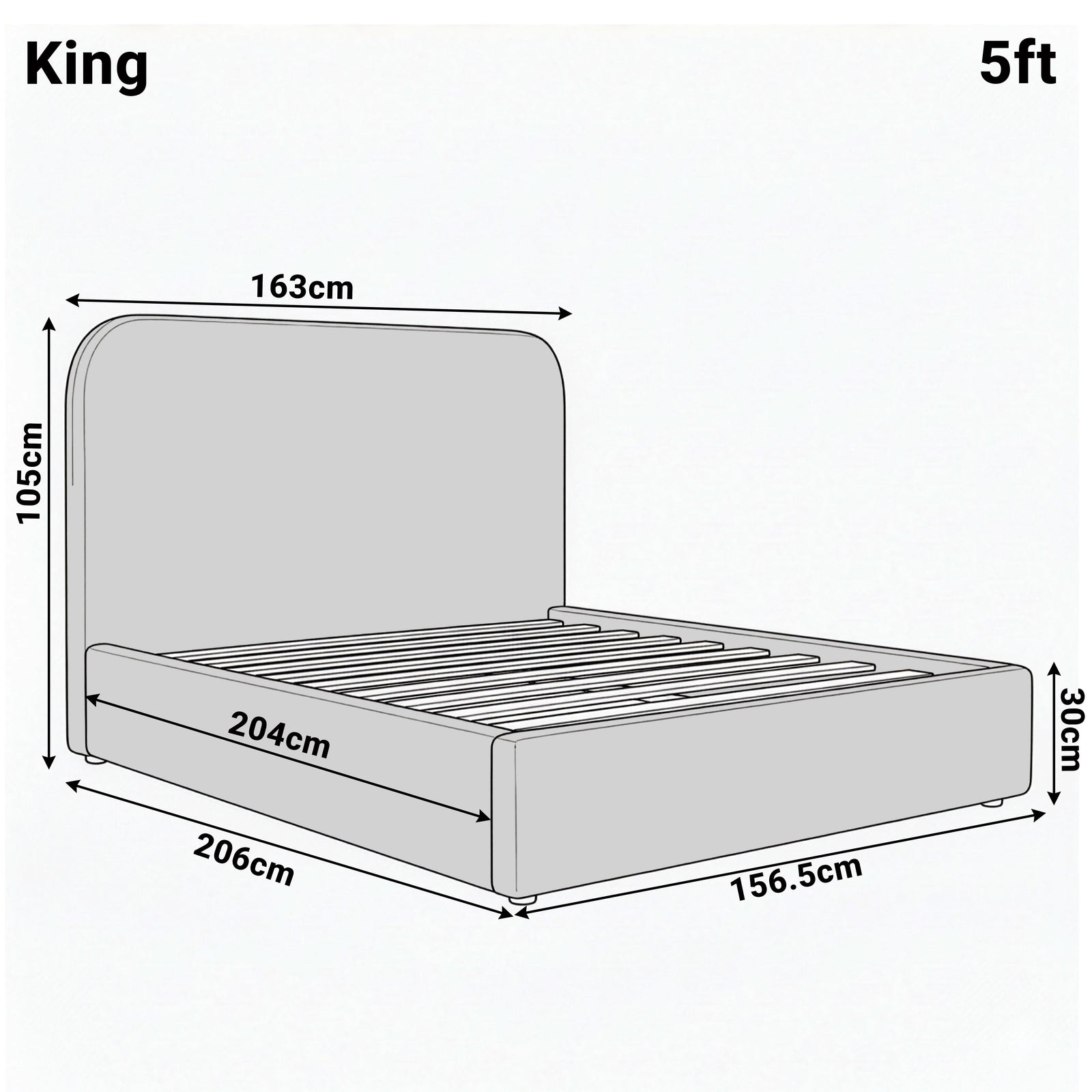 [White | King] Dimension diagram for king 5ft Sofna bed showing 163cm width 206cm length and 105cm headboard height