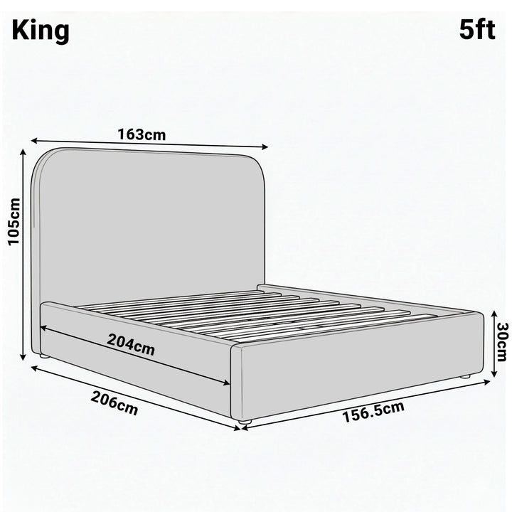 [White | King] Dimension diagram for king 5ft Sofna bed showing 163cm width 206cm length and 105cm headboard height