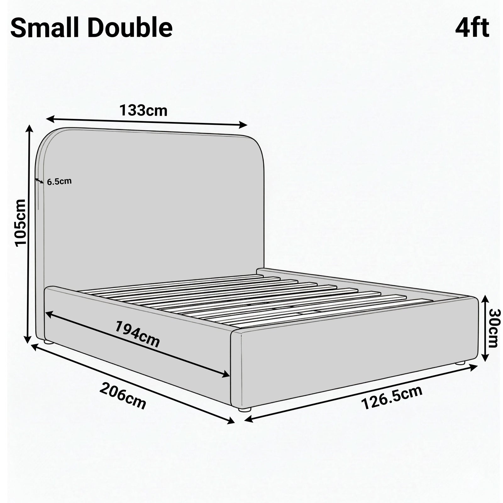 [White | Small Double] Dimension diagram for small double 4ft Sofna bed showing 133cm width 206cm length and 105cm headboard