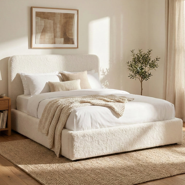 [White | Small Double] Small double boucle ottoman bed with curved headboard bright room with jute rug and nightstand
