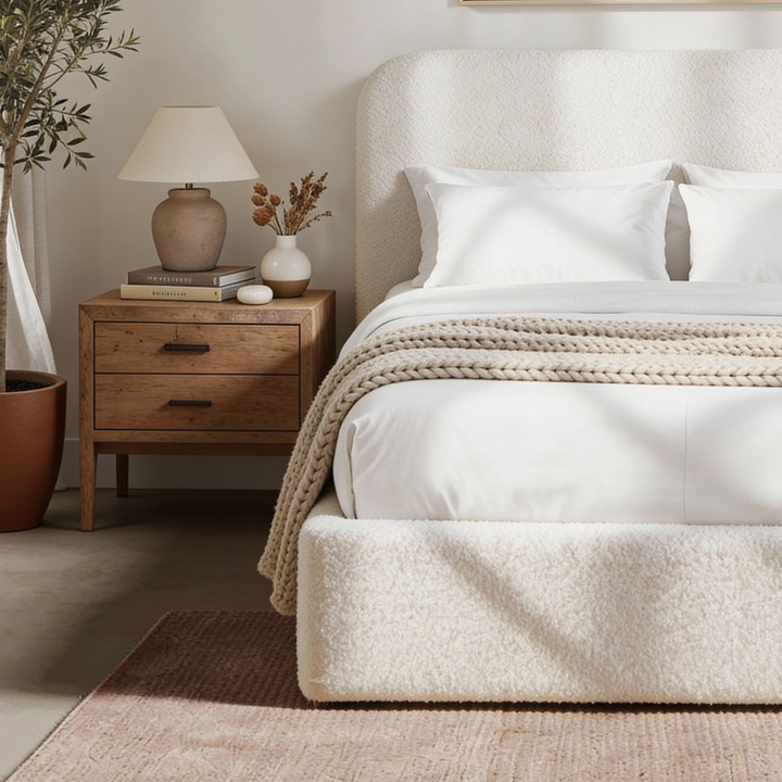 [White | Small Double] Side view of small double boucle ottoman bed showing textured base with throw and oak nightstand