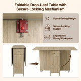 [Sonoma Oak] Drop leaf dining table guide showing the red secure locking catch & steps from folded to open using side leaves.