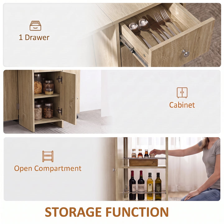[Sonoma Oak] Folding dining table with storage guide showing a cutlery drawer, two-shelf cabinet and rod-fronted side shelves