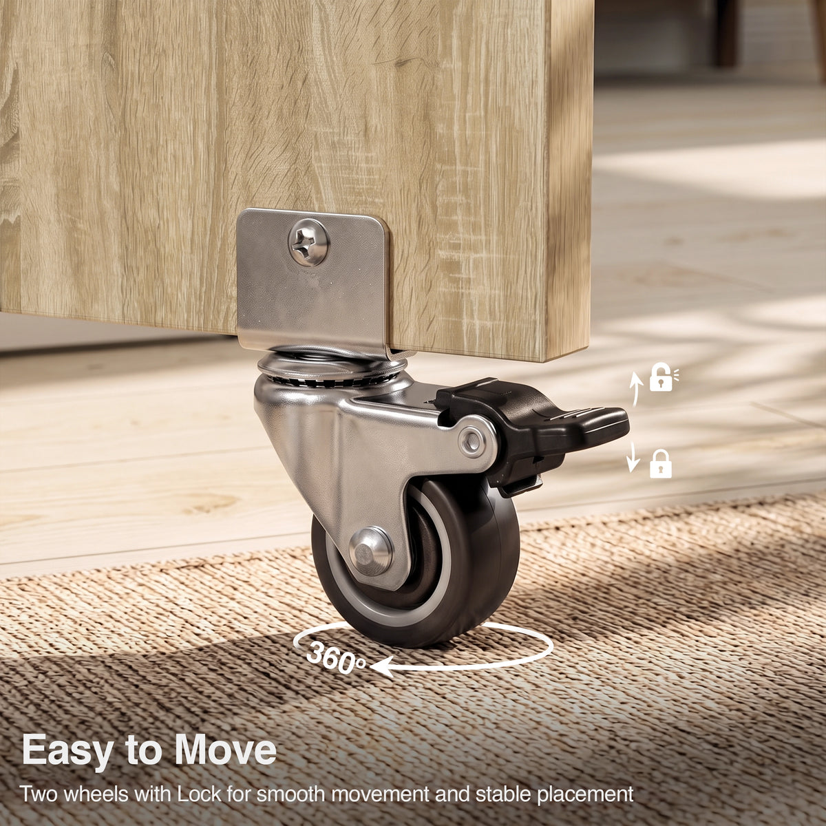 [Sonoma Oak] Dining table with wheels close-up view showing a 360-degree swivel caster and foot-operated locking brake pedal.