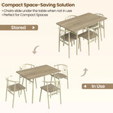 [Sonoma Oak] Torvi comparison graphic showing four chairs tucked beneath the table and pulled out for use, with arrows.