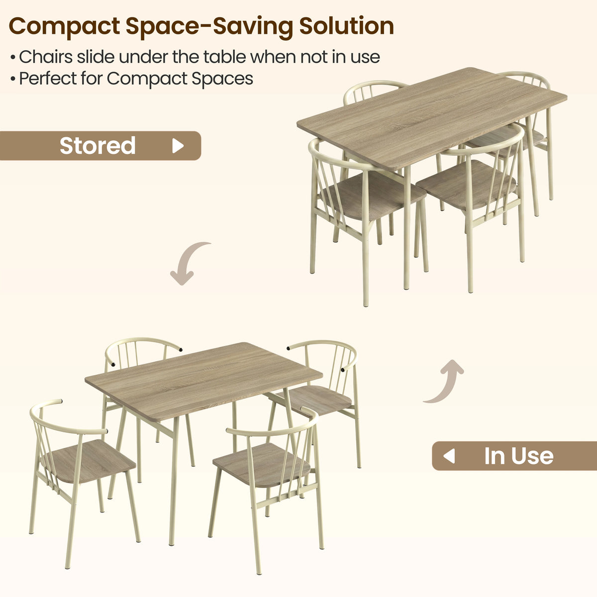 [Sonoma Oak] Torvi comparison graphic showing four chairs tucked beneath the table and pulled out for use, with arrows.