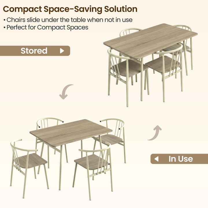 [Sonoma Oak] Torvi comparison graphic showing four chairs tucked beneath the table and pulled out for use, with arrows.