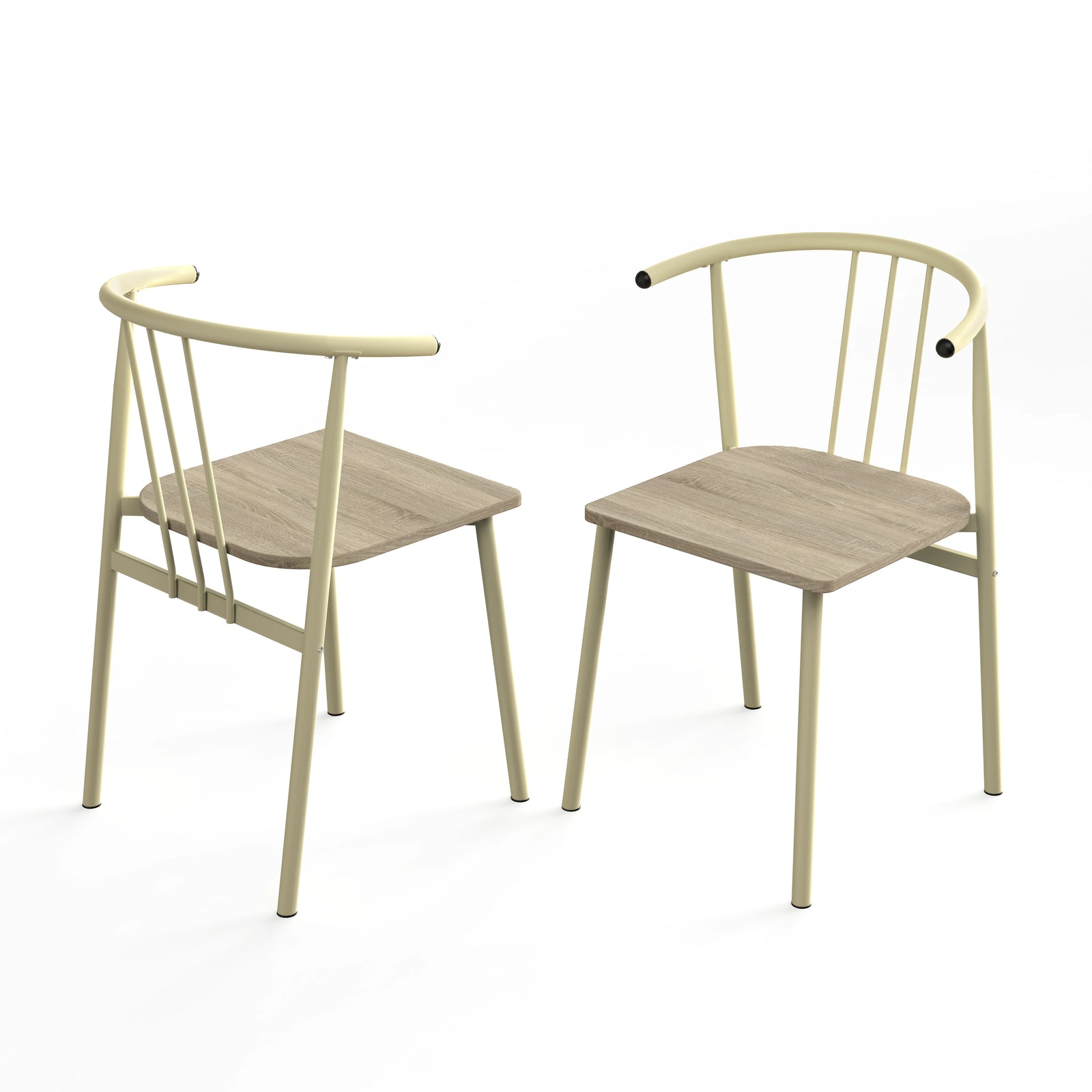 [Sonoma Oak] Torvi dining chairs pair on white background showing front and rear views of cream metal spindle-back arm chair with oak-effect wood seat