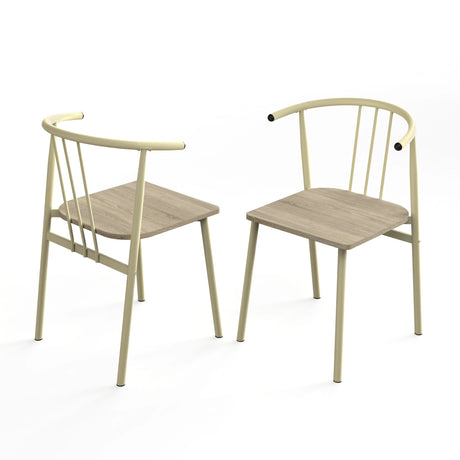 [Sonoma Oak] Torvi dining chairs pair on white background showing front and rear views of cream metal spindle-back arm chair with oak-effect wood seat